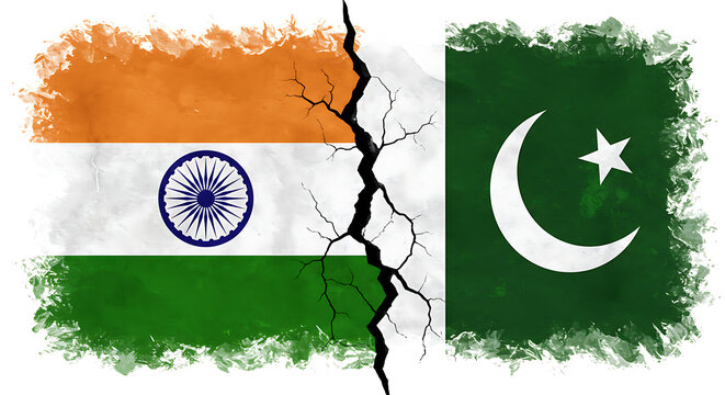 Cracked Flags of India and Pakistan Symbolizing Conflict Grunge Art