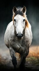 Obraz premium White horse walking through misty terrain during early morning light in a tranquil natural setting