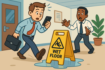 Phone distraction accident. Businessman walking, wet floor. Slip danger. Office safety. Colleague warning. Caution sign. Workplace hazard. Carelessness. Risk. Unaware worker. Smartphone.