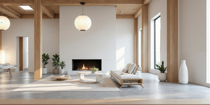 Japandi Industrial Loft Minimalist warehouse conversion featuring natural oak beam accents against white walls and micro-cement flooring. Paper lantern-inspired lighting