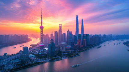 Naklejka premium Highway road with cityscape in the background, set against a sunset in modern-day Shanghai