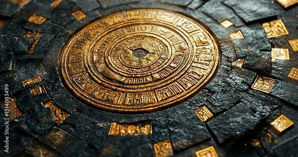 Poster close up of a golden circle with intricate carvings on a black surface. the golden circle is the foc