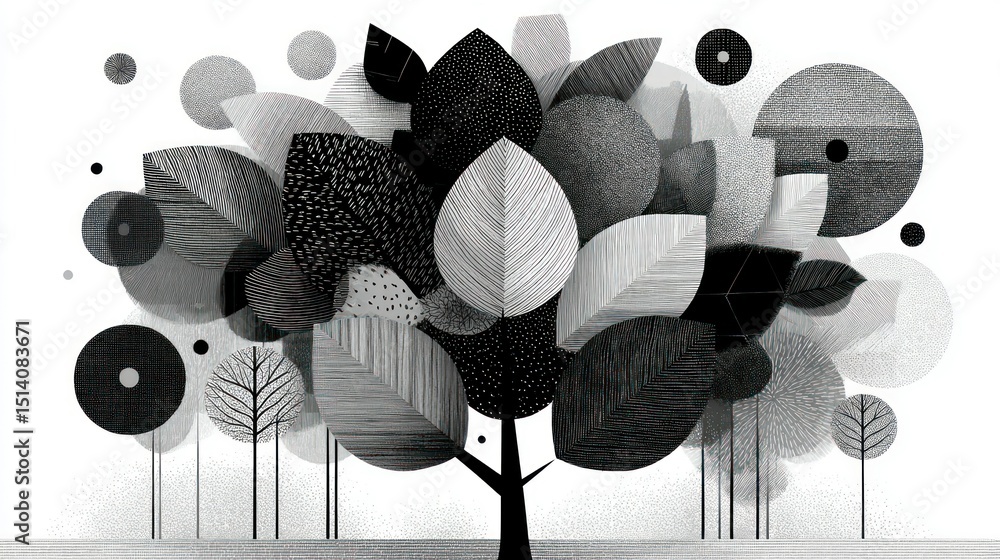 Aufkleber abstract black and white tree composition with geometric shapes and patterns