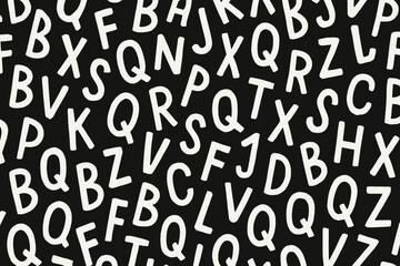 Chaotic abstract letter pattern, seamless typography background with random white alphabet characters. Monochrome texture for education, communication, design. Jumbled font graphic vector.