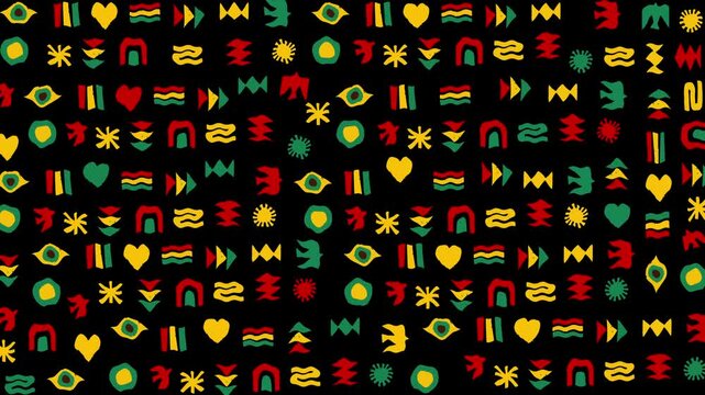 Animated Juneteenth theme background looping with African pattern/ornaments in red, yellow, green colors. Symbol of freedom and justice. African American History