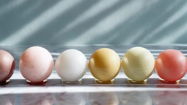 Seven colorful round objects arranged in a row with reflection on a marble surface, various pastel shades, soft lighting, simple