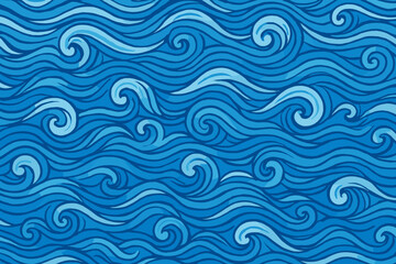Obraz premium Blue Ocean Waves Seamless Pattern. Stylized Water Swirls, Curls. Abstract Marine Nautical Background Texture. Flowing Rolling Sea Wave Vector Illustration for Wallpaper, Print. Traditional inspired.