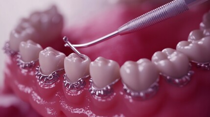 Realistic close up image of dental braces being tightened showing the orthodontist adjusting the brackets and wire on a patients teeth with precision