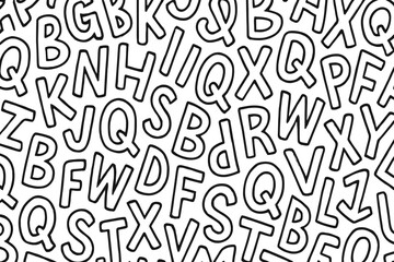 Unreadable letters jumble. Seamless pattern alphabet. Hand-drawn doodle typography. Black white abstract chaos. Random uppercase ABC texture. Education background. Design print vector. Kids art.