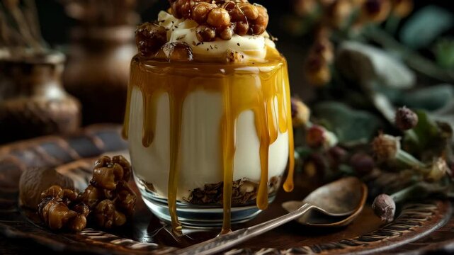 Delicious trifle dessert with nuts and caramel served on rustic wooden tray with antique spoon, elegant presentation, dark food photography concept
