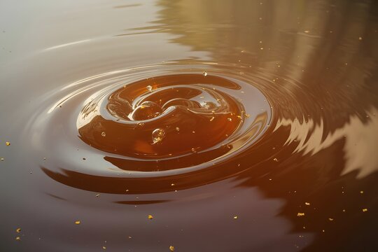 Abstract caramel liquid surface with ripples and golden specks creating a mesmerizing effect