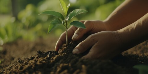 Fototapeta premium Hands Actively Engaged in Planting a Young Sapling into Rich, Fertile Soil for a Better Future