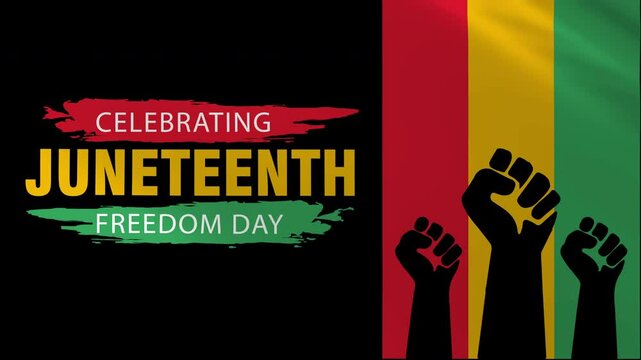 Celebrating Juneteenth Freedom Day flag waving animation with Powerful raised fist hand in red, yellow, green flag. African American History. Freedom and Emancipation day