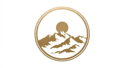 Golden Mountain Silhouette with Sun in Circular Frame