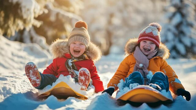 Two laughing children sliding down a snowy hill on sleds, enjoying a winter day with sunshine and snow flurries. Fun and frolic in a winter wonderland!