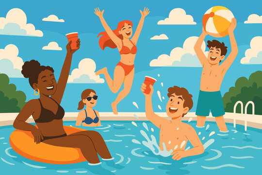 Joyful summer pool party with diverse young friends celebrating. Group swimming, playing beach ball, drinking. Happy cartoon characters enjoying vacation. Vibrant outdoor leisure vector illustration.