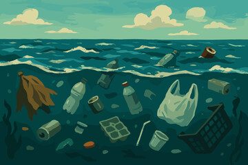 Plastic pollution in ocean illustration. Environmental crisis with bottles, bags, trash littering sea surface and underwater. Marine debris, garbage dump, ecological disaster concept vector.