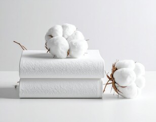 Soft White Cotton Bolls and Fluffy Towels on a White Background