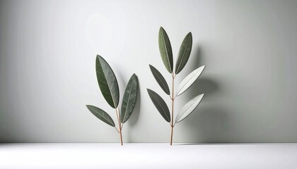 Stylized Botanical Sprigs: Sage and Olive Green Leaves on Neutral Background