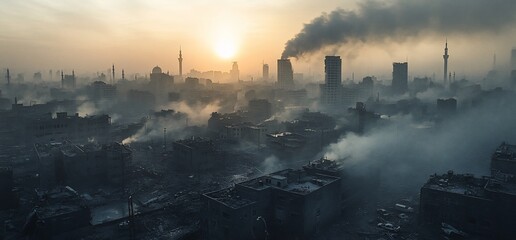 Obraz premium Smog and devastation: A cityscape marred by pollution and conflict at dawn