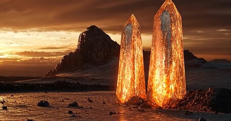Two glowing crystals in a desert landscape at sunset with orange and yellow tones. The crystals are the main focus of the video. The scene displays an orange, red, and gold color palette - Powered by Adobe