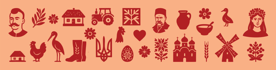 Rustic vector illustration of Ukrainian icons in warm colors, combining national identity with everyday village life