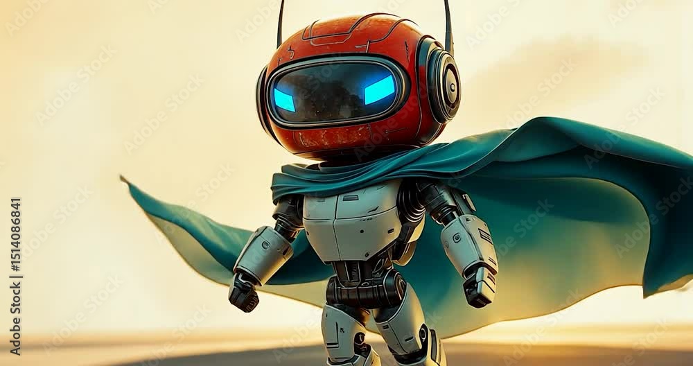Poster robot superhero in action. the robot is in a cape and stands in front of a golden background