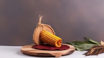 Side view of taco al pastor on wooden plate with grilled pineapple slice Corn