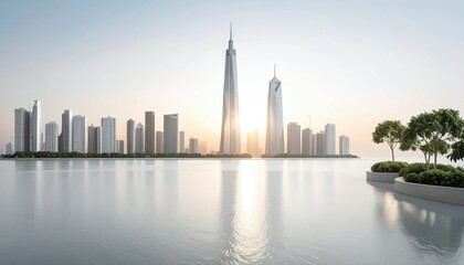 Fototapeta premium Tranquil Sunrise Cityscape with Skyscrapers Reflected in Calm Water