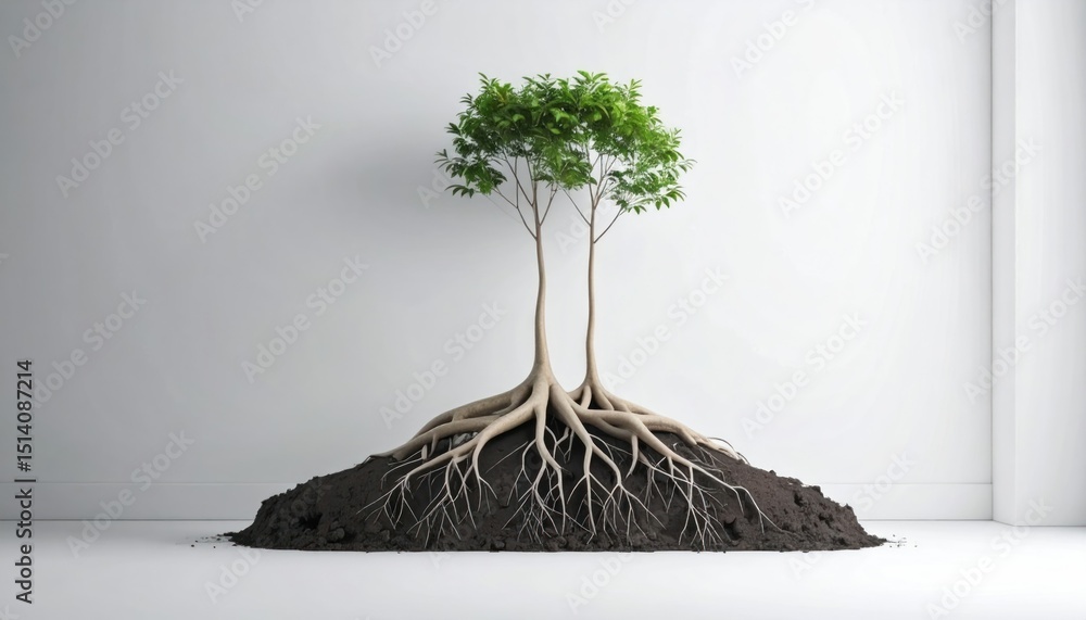 Poster two trees with shared root system on white background