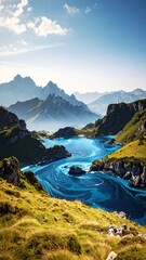 Vibrant Blue Lake nestled in Lush Green Mountains under a Sunny Sky