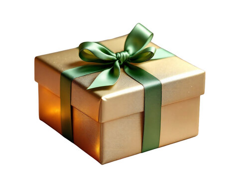 A golden gift box with a green ribbon sitting on a black background in a close up shot of the box