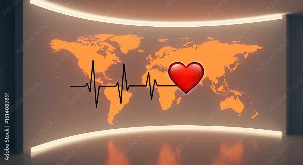 Poster digital display of ecg heart pulse on world map