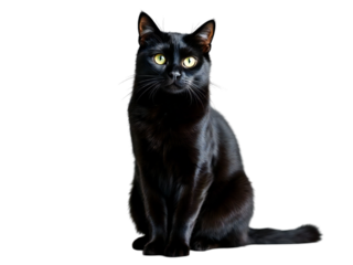 A sleek black cat sitting upright with piercing yellow eyes against a stark black background studio shot