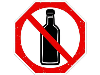 A red and white stop sign with a black silhouette of a bottle with a red line through it on a black background