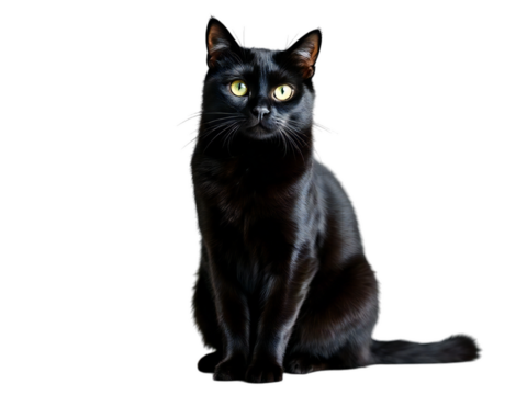 A sleek black cat sitting upright with piercing yellow eyes against a stark black background studio shot