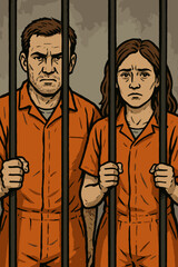 Inmates in custody, man and woman prisoners wearing orange jumpsuits behind jail bars. Somber illustration depicting incarceration, justice system, crime, punishment, and loss of freedom. Vector art.