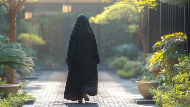 A woman in a black abaya walks down a garden path
