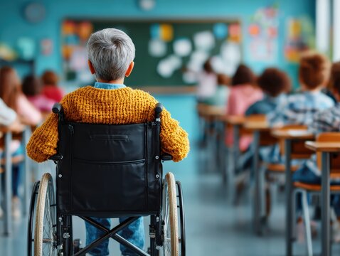 Inclusive Classroom with Wheelchair-Accessible Furniture and Students