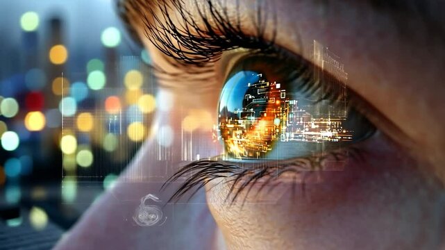 Eye reflecting digital cityscape futuristic technology vision concept - Powered by Adobe