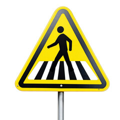A yellow triangular pedestrian crossing sign with a black border on a gray pole against black background