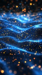 Glowing blue waves with sparkling golden orbs in a mesmerizing digital landscape at night