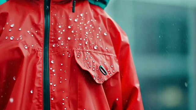 Red Waterproof Jacket: Water droplets beading on a vibrant red waterproof jacket showcasing its water-resistant qualities.
