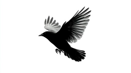 Naklejka premium A black bird in flight with detailed wings perfect for nature and wildlife themes