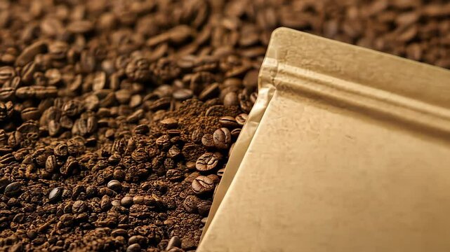 Roasted Coffee Beans and Freshly Ground Coffee: A detailed shot of freshly roasted coffee beans and ground coffee, with focus on texture, aroma, and flavor, perfect for coffee shops, gourmet stores.