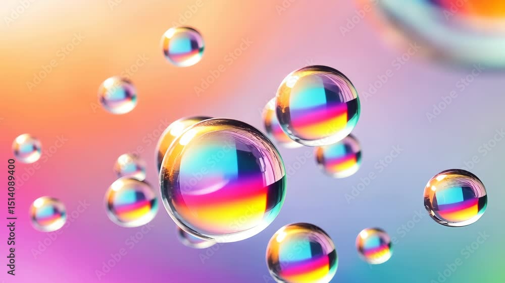 Poster enchanting bubbles: a mesmerizing cluster of shimmering bubbles, each one reflecting a vibrant spect