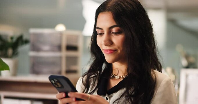 Office, reading and business woman with phone for finance, online trading and bookkeeping. Professional, corporate accountant and person on smartphone for research, internet and networking on break