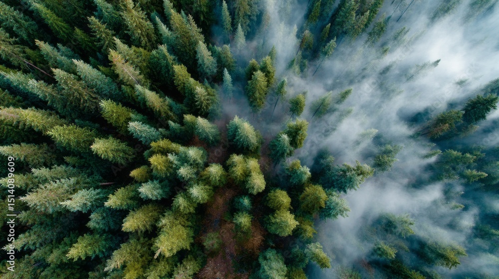 Poster an expansive aerial perspective of a misty mountain forest reveals a sea of lush evergreen trees sur