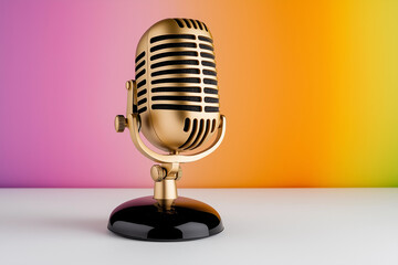 A detailed shot of a gold-colored vintage microphone against a colorful gradient background.