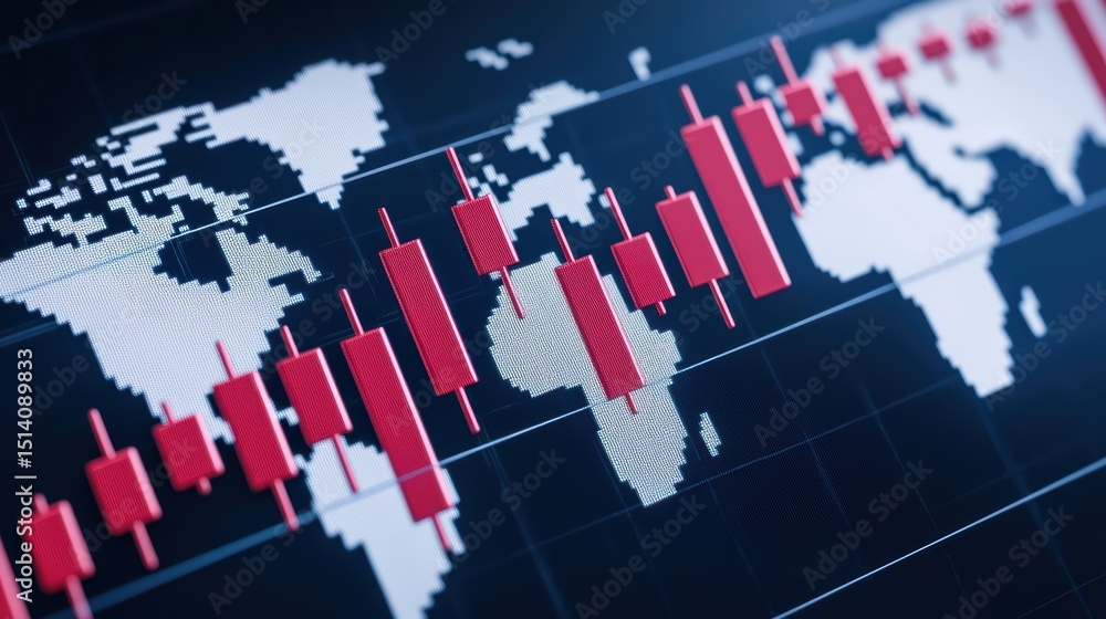 Poster global stock market data visualization with red candlestick chart and world map background